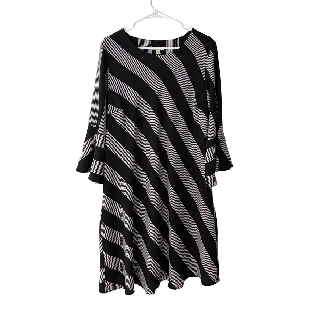 C EST. 1946 Womens Black White Striped Bell Sleeve‎ Shift Dress Lined 14/16W